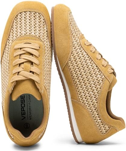Vepose Women's Fashion Sneakers, Brown Lightweight Breathable Mesh Tennis Shoes, Casual Suede Woven Raffia Square Toe Lace Up Trainers 8206, Travel Work Walking,Size 7.5M US (CJY8206 Brown 07.5) - Image 1