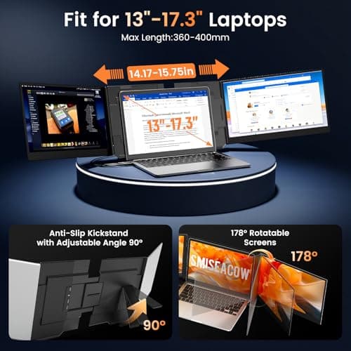 SMISEACOW Triple Laptop Screen Extender 15.6", 1080P FHD IPS 0.18" Ultra-Slim & 3.9 lbs, Plug-Play Portable Triple Monitor for Laptops Fits 13-17.3" Laptops, Compatible with Win/Mac/Android - Thumbnail 6