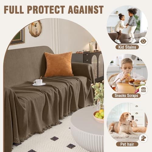 TAOCOCO Couch Covers for Pets Heavy Duty Couch Cover for 2 Cushion Couch Sectional Sofa Covers Durable Throw Couch Cover for Dogs, Kids, Washable Sofa Slipcovers with Tassels (71''x102'' Brown) - Thumbnail 4