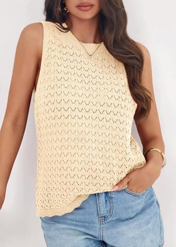 KIRUNDO Crochet Tops for Women 2026 Spring Summer Sleeveless Sweater Vest Tank Top Knit Pullover Beach Vacation Outfits (Beige, Medium) - Thumbnail 5