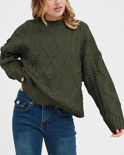BTFBM Casual Women Long Sleeve Sweater 2025 Fall Ribbed Knit Pullover Loose Crewneck Cable Sweater Jumper Tops(Army Green,Small) - Thumbnail 3