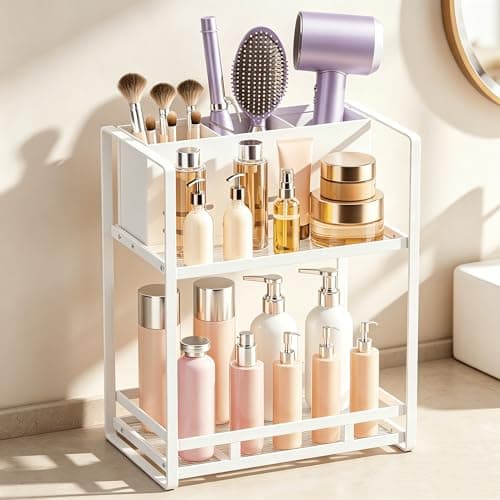 SanDream Hair Tool Organizer Bathroom Countertop, 2-Tier Metal Bathroom Organizer with Blow Dryer Holder, Large Capacity Space-Saving Vanity Shelf for Perfume, Skincare & Makeup Storage (White) - Image 1