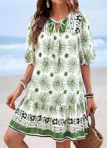 Okiwam Womens Summer Dresses 2026 Drawstring V Neck Lantern Short Sleeve Boho Floral Casual Babydoll Beach Vacation Sundress-XL Green Flower - Thumbnail 5