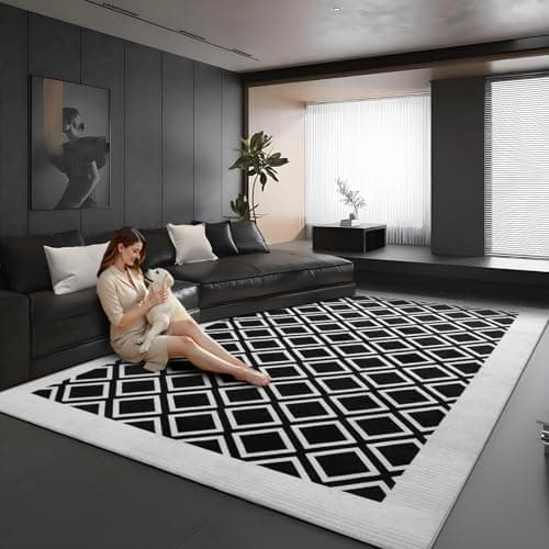 Washable Rug 8x10 – Soft Textured Area Rug with Non-Slip Backing, Modern Luxury Checkered Design, Machine Washable Carpet Perfect for Living Room, Bedroom, and Dining Room, Black - Thumbnail 2