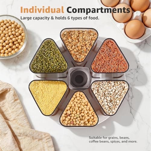 Slow Slog 6-Grid Rotating Grain Storage Bins & Pantry Food Organizer, Dry Food Canister Set for Cereal, Grain, Snacks, Coffee Beans, Kitchen Countertop Storage - Thumbnail 6