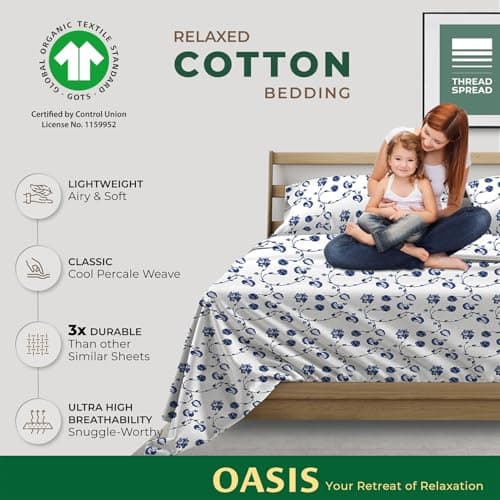 THREAD SPREAD 100% Organic Cotton Sheets Twin XL Size - Organic Cotton Percale Weave Sheet Set (3 PC, Floral Blue), Soft, Cooling, Crisp & Breathable, 16" Deep Pocket Hotel Quality Bedding Set - Thumbnail 2