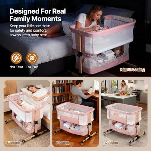 Baby Bassinet Bedside Sleeper, 3-in-1 Bedside Bassinet, 5 Height Adjustable Rocking Baby Crib, Breathable Full Mesh, Mosquito Net, Storage Basket, Stable and Secure Bassinets for Newborn (Pink) - Thumbnail 4