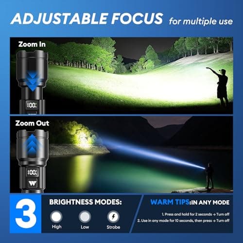 3 Pack Rechargeable Flashlights High Lumens, Super Bright LED Tactical Flashlight with LCD Power Display, Zoomable Flashlights 15H+ Runtime, IP65 Waterproof Flashlights for Home Emergency Camping - Thumbnail 3