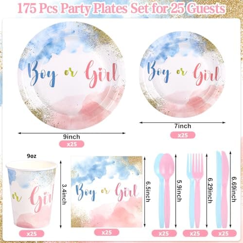 Xiangqu 175 Pcs Gender Reveal Plates and Napkins, Boy or Girl Gender Reveal Party Decorations Includes Gender Reveal Paper Plates Napkins Cups Plastic Cutlery for Baby Reveal Party,Serves 25 - Thumbnail 2