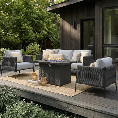 LayinSun 4 Piece Outdoor Furniture Set with Fire Pit Table, Modern Rope Woven Patio Conversation Sofa Set with Olefin Braid and Deep Seating - Image 1