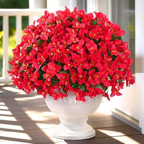 Yastouay 8 Bundles Artificial Flowers for Outdoors, Realistic Bougainvillea Fake Flowers for Outside, UV Resistant Silk Outdoor Faux Plants for Porch Patio Planter Front Door Garden Decor(Red)