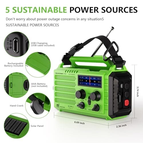 NOAA-Certified Emergency Weather Radio, AM/FM Portable Solar Hand Crank Powered with Flashlight & Reading Lamp for Emergency, Rechargeable Battery, SOS Alarm, Cell Phone Charger for Outdoor & Home Use - Thumbnail 3