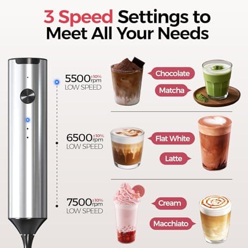 YARRAMATE Rechargeable Milk Frother, 3-Speed Electric Whisk, 2 Heads - Thumbnail 6