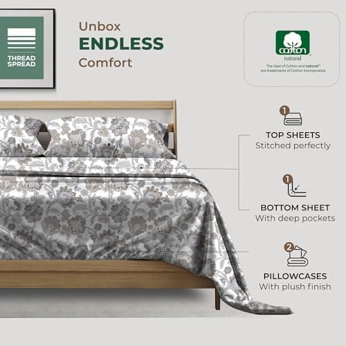 THREAD SPREAD 100% Organic Cotton Sheets King Size - Organic Cotton Percale Weave Sheet Set (4 PC, Floral Ivory), Soft, Cooling, Crisp & Breathable, 16" Deep Pocket Hotel Quality Bedding Set - Thumbnail 3