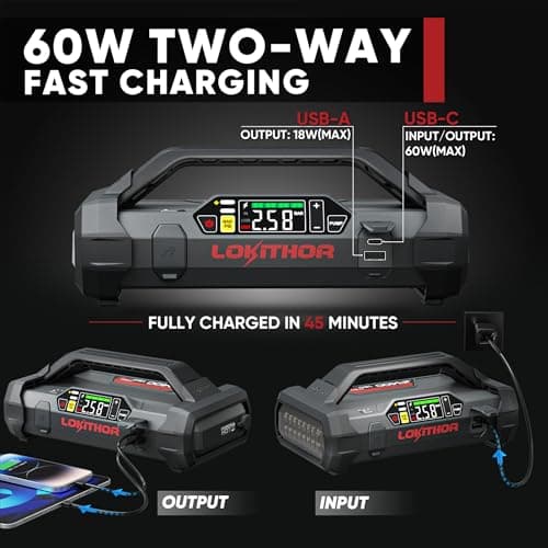 LOKITHOR JA400 1750A 12V Jump Starter with Air Compressor, 60W Two-Way Fast Charing, Lithium Car Battery Starter with 150PSI Digital Tire Inflator, Booster Pack for 7.5L Gas or 5.5L Diesel Engines - Thumbnail 4