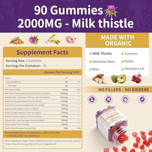 Milk Thistle Gummies with 2000MG Extract, Liver Health Support Gummies, Silymarin Milk Thistle Supplement with Artichoke, Dandelion, Turmeric Curcumin, No Sugar, for Adults, Vegan, 90 Count - Thumbnail 5