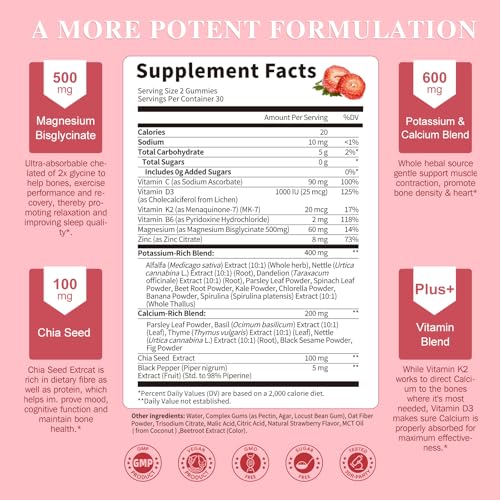 Lukaree Magnesium Potassium Supplement Gummies - New Formula Calm Magnesium Bisglycinate Gummies & Plant Potassium Plus Chia Seeds, B6, D3, K2 & Calcium for Sleep, Leg Cramps & Muscle -Vegan,60 Count - Thumbnail 3