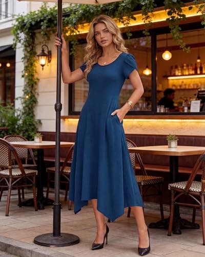 Pleneal Dresses for Women 2026 Casual Summer Maxi Dress Beach Sun Dress with Pockets Short Sleeve Long Vacation Dresses Navy - Thumbnail 5