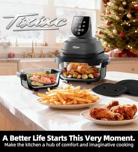 Tixixc 5-in-1 Portable Glass Air Fryer, 4QT & 6-Cup Glass Containers with Lids, Silicone Mat, 1500W Small Air Fryer, 90% Less Oil, Dishwasher/Freezer Safe for Single Servings, Family Meals - Thumbnail 2