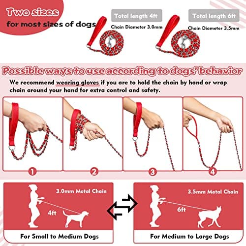LUFFWELL Heavy Duty Metal Dog Chain Leash with Comfortable PU Leather Padded Handle, Chew Proof for Medium Large Pooch Walking Training (6FT 3.0mm Red) - Thumbnail 5