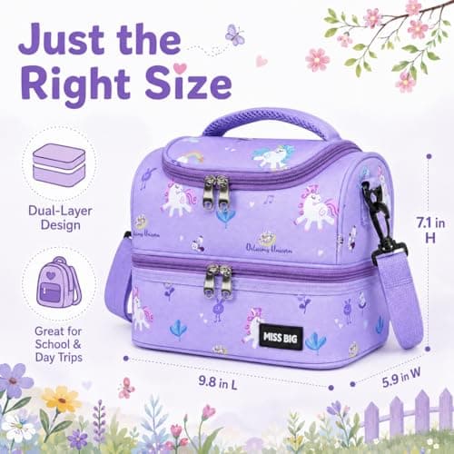 MISS BIG Kids Lunch Bag for Girls, Unicorn Insulated Lunch Bag with Two-Tier Storage, Adjustable Shoulder Strap, Lunch Box Bag for Kids, School, Daycare, Picnic, Travel - Thumbnail 4