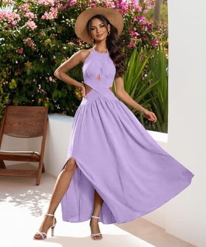 ABKY Women's Sexy Sleeveless Halter Neck Dress Criss Cross Tie Back Split Maxi Dresses Summer Beach Vacation Dress Light Purple S - Thumbnail 2