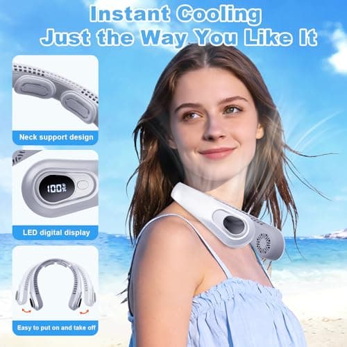FYALLASO Portable Neck Fan Rechargeable - [with LED Display] 5 Speeds, 5000mAh Battery Operated Wearable Personal Cooling Bladeless Fan for Outdoor Travel, Gifts for Men Women Kids,Gray - Thumbnail 2
