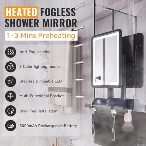 DeLanges LED Shower Mirror Fogless for Shaving - Heated Fog Free, 3 Dimmable Lights, 360° Adjustable, Rechargeable, Drill Free - with Storage Tray, Razor & Shaving Brush Holders,Gifts for Men - Thumbnail 2