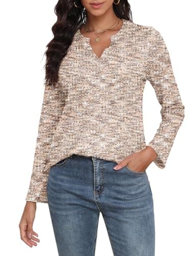 COCOMARTS Womens Waffle Knit V Neck Tops Long Sleeve Henley Shirts Casual Blouses Fall Winter Outfits 2025 Trendy Clothes Khaki White Medium - Image 1