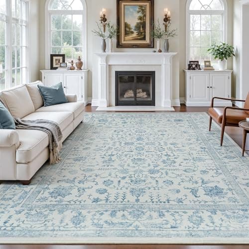 RUGVIGO Blue 8x10 Area Rugs for Living Room, Floral Vintage Washable Rug for Bedroom, Non-Slip Stain Resistant Soft Low Pile Carpet for Dining Room Home Decor Kids Room - Image 1