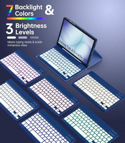 MoKo for Galaxy Tab A11 Plus/A9 Plus 11" Case with Keyboard & Mouse (2026/2024) - 7 Color Backlit Detachable Wireless Keyboard Cover with S Pen Holder for Galaxy Tablet A11+/A9+, Navy Blue - Thumbnail 4