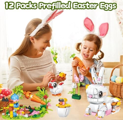 3.5"Prefilled Easter Eggs with Easter Bunny Building Blocks Toy Set - 12 in 1 Rabbit Building Kit, Easter Basket Stuffer Egg Hunt Party Favors Classroom Prizes Filled Easter Egg Gift for Kids Boy Girl - Thumbnail 3