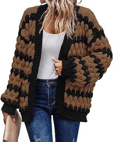 KIRUNDO Women's Cable Knit Sweater Cardigan Open Front Chunky Fall Long Sleeve Color Block Stripe Casual Soft Cardigan Sweater Fall Clothes 2026(Camel, Large) - Image 1
