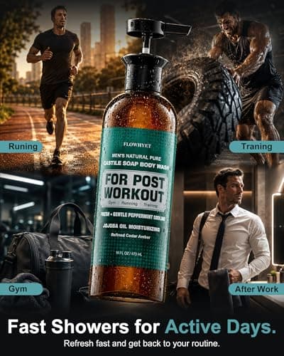 FLOWHYET Mens Body Wash, Pure Castile Soap Liquid for Sport & Post-Workout, Cedar Amber Scent Moisturizing Body Wash for Men After Gym, Running & Training, 16 Oz Pack of 2 Pump Bottle - Thumbnail 3