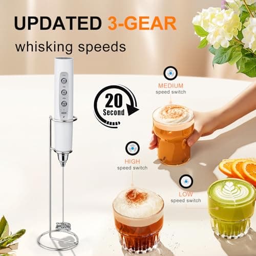 YUSWKO White Handheld Milk Frother Wand with Stand for Coffee, Rechargeable Electric Whisk with 3 Heads 3 Speeds Drink Mixer Coffee Frother For Latte, Cappuccino, Hot Chocolate, Egg - Thumbnail 3
