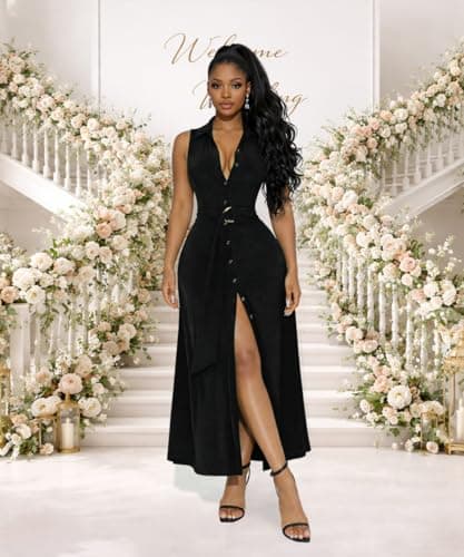 Deep V Neck Button Down Dress for Women Sleeveless Collared High Split Long Shirt Dresses Cocktail Wedding Party Maxi Dress Black L - Thumbnail 2