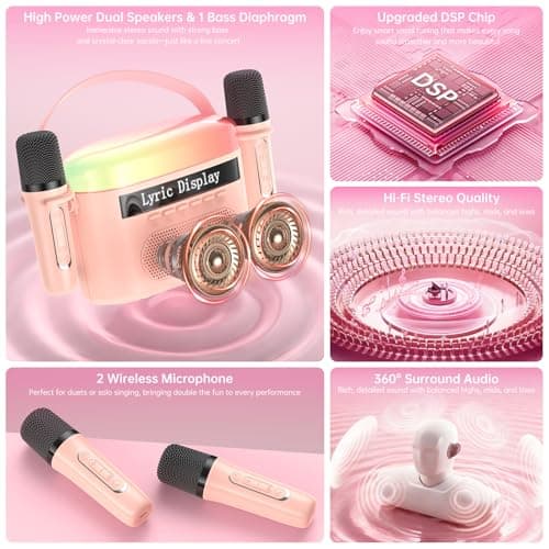 Karaoke Machine for Kids & Adults with Lyrics Display Screen Portable Bluetooth 5.3 Karaoke Speaker with High Power Dual Speakers with Timer White Noise & Night Light Home & Outdoor Party (Pink) - Thumbnail 2
