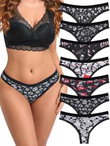 Dircho Women's Gothic Thongs, Skull Print Lace Trim G-Strings, 7-Pack Soft Stretchy Spooky Dark Aesthetic Goth Underwear Multi-color - Image 1