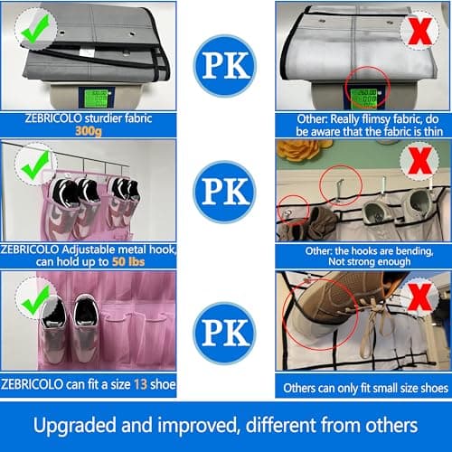 zebricolo over the door shoe organizer,2025 upgraded,35 Huge pockets,over door shoe organizer,Store size 13 shoes,shoe organizer,Strong material,hooks Suitable for various doors,pink shoe rack - Thumbnail 5