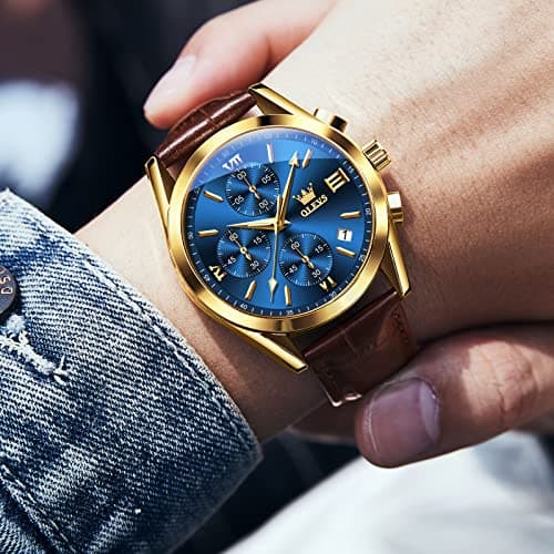 OLEVS Mens Watches Brown Leather Strap Blue Face Chronograph Wrist Luxury Casual Watches for Men Waterproof Luminous Analog Quartz Nice Men Watch Relojes para Hombres - Thumbnail 2