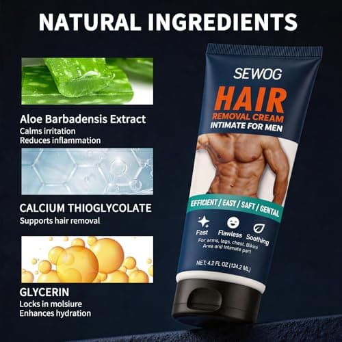 SEWOG Hair Removal Cream For Men - For Unwanted Hair in Body Legs Chest Underarms Intimate Areas, Painless Effective Flawless Soothing Easy, Gentle Formula, 4.2 FL OZ - Thumbnail 4