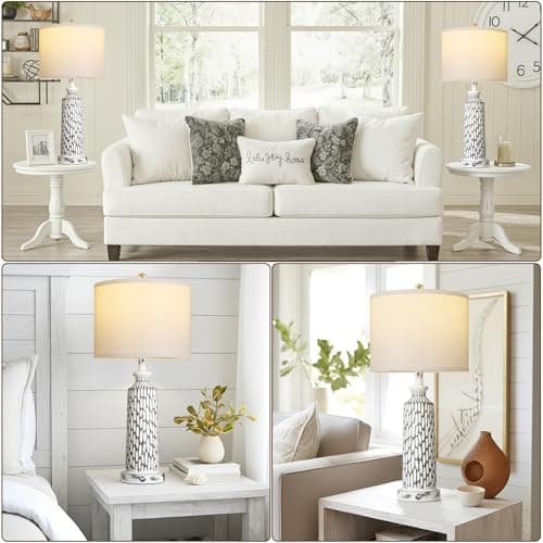 QiMH 26" Table Lamps Set of 2, Modern Bedside Lamps with USB A+C Ports, 3-Way Dimmable Touch Control & White Shade, Coastal White Gray Nightstand Lamp for Living Room Bedroom, Included 2700K LED Bulbs - Thumbnail 5