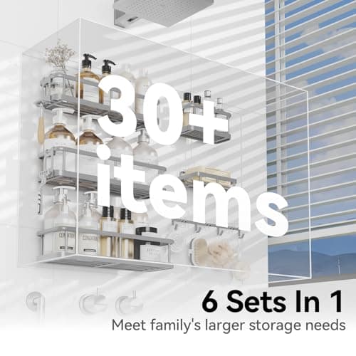 YASONIC Shower Caddy, 6 Pack Large Capacity shower Organizer with Soap Holder and 12 Hooks, Rustproof Shower Shelves for Inside Shower, No Drilling&Sleek Bathroom Organizers and Storage Grey - Thumbnail 3