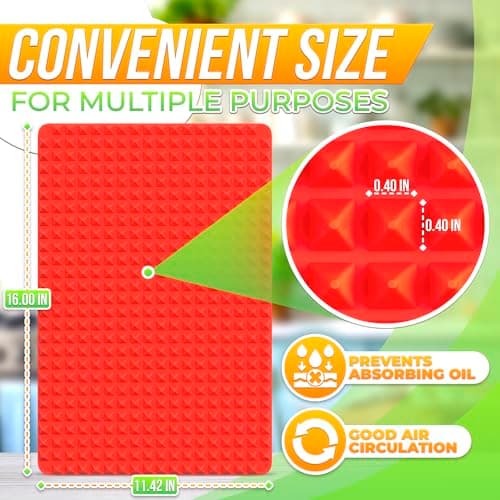 Non Stick Baking Cooking Mat - 16x11.5" Silicone Baking Mat, Fat Filtering Red Pyramid Design, for Roasting, BBQ & Pastry Making - Oven and Microwave Bacon Cooker Food Grade, Flexible & Easy-to-Clean - Thumbnail 2