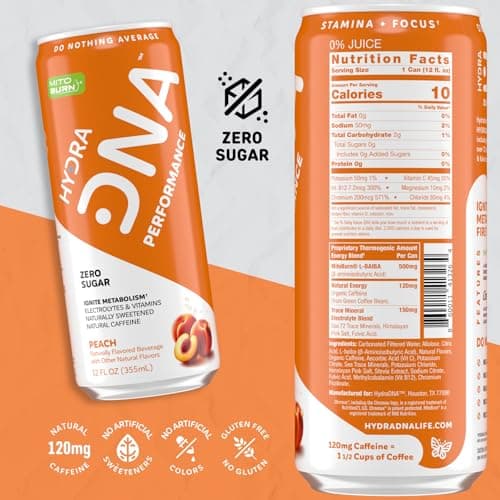 HYDRADNA- Clean Performance Drink, Zero Sugar | For Natural Fuel, Alertness, Boost, Stamina,120 mg Organic Caffeine, Natural Flavors, Zero Sucralose, Clean Ingredients (12 Pack) (12 Pack, Peach) - Thumbnail 2