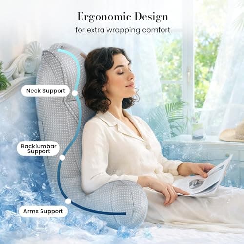Amélie Home Cooling Reading Pillow with Arms for Adults, Breathable Waffle Fabric Bed Rest Pillow for Sitting Up, Ergonomic Back Support with Pockets for Gaming Relaxing, Cooling Gray, 29 Inches - Thumbnail 3