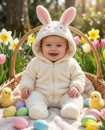 JiAmy Baby Fleece Snowsuit Animal Hooded Winter Romper Warm Footed Onesie Padded Infant Stroller JumpsuitBunny 6-9 Months - Thumbnail 2