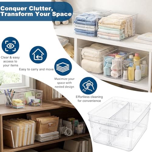 MOONEDGE Set of 4 Clear Plastic Organizer Bins, 2 Large & 2 Small Storage Bins for Pantry, Nestable Space-Saving Containers for Cabinets, Under-Sink, Bathroom, Kitchen & Freezer Organization - Thumbnail 5