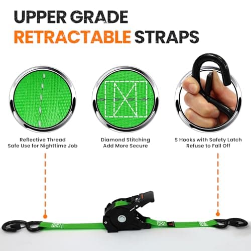 Retractable Ratchet Strap (4 Pack), 1" x 12' Heavy Duty Retractable Tie Down Straps,1,500lbs Break Strength Automatic Ratchet Straps for Securing Cargo, Weather Resistant Security S-Hooks (Green) - Thumbnail 6
