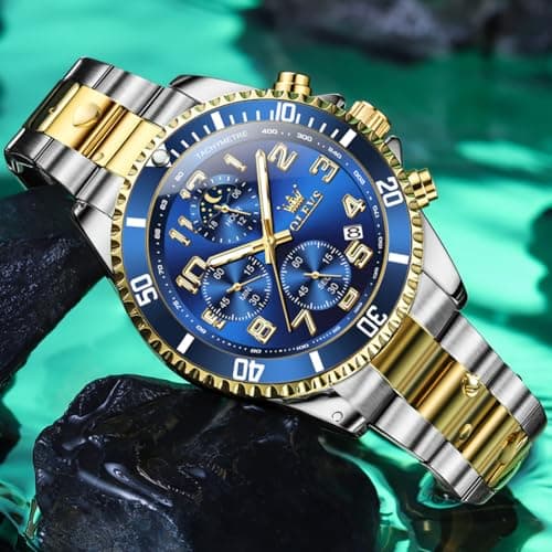 OLEVS Watch Men Luxury Chronograph Moon Phase Large Blue Face Waterproof Analog Quartz Wrist Watches for Men Fashion Silver and Gold Stainless Steel Luminous Nice Mens Watches Relojes para Hombres - Thumbnail 3